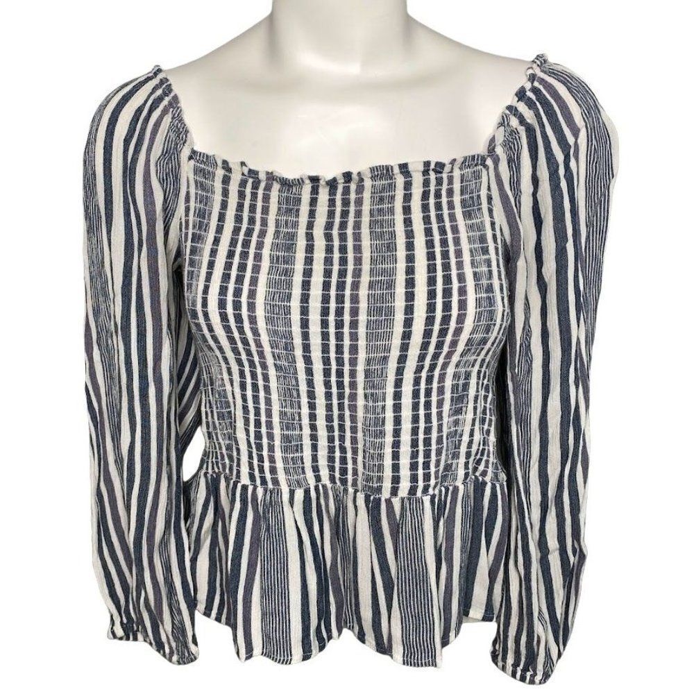 American Eagle Outfitters AEO Blue‎ White Stripe Smocked 3/4 Sleeve Top Medium